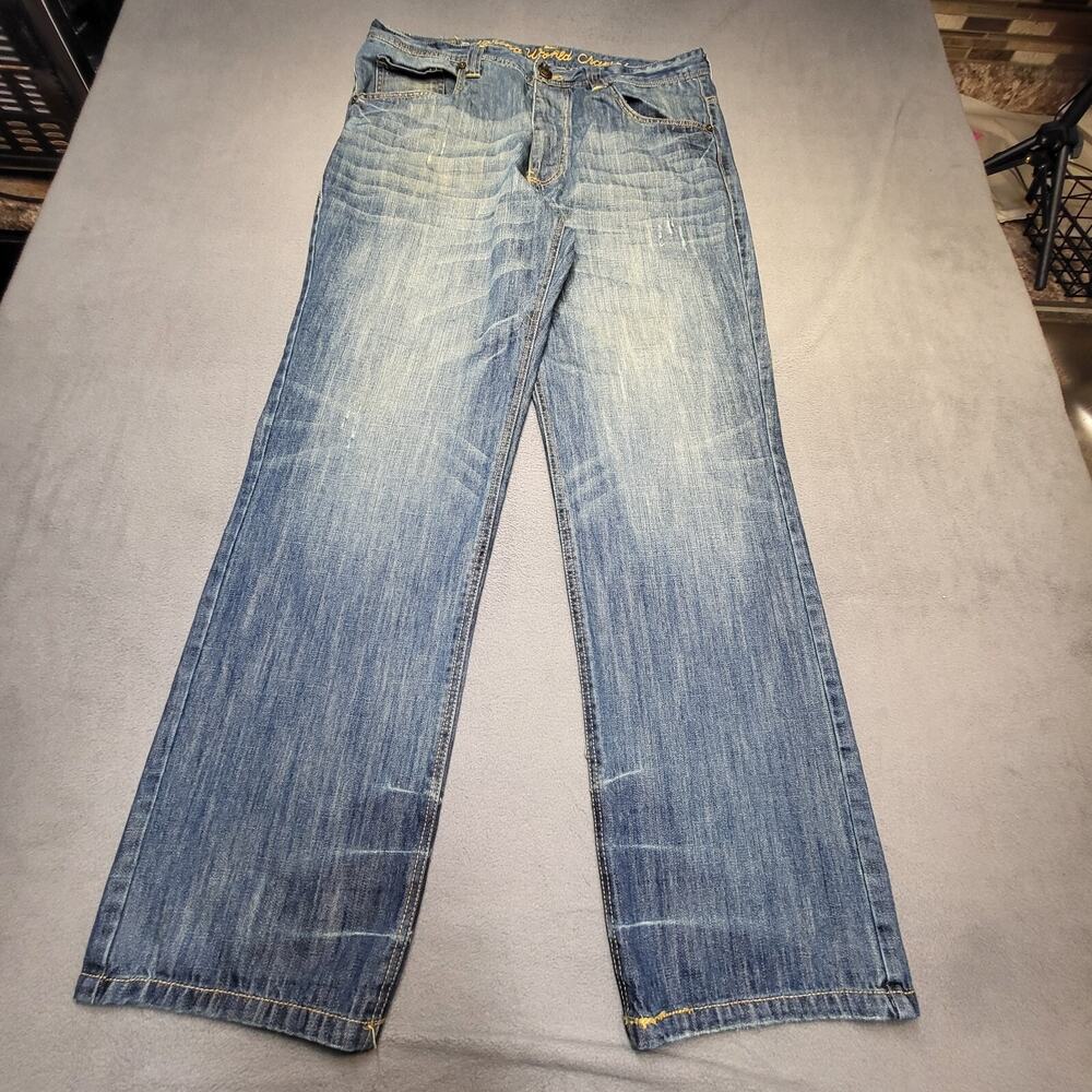 Parish Jeans Mens 36x33 Blue Straight Leg Distressed Denim Button Fly Y2K